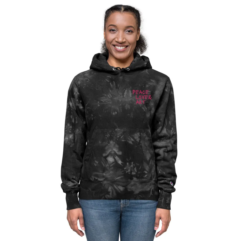 Peace Love Art Black Tie-dye Hoodie (Hot Pink Embroidery)