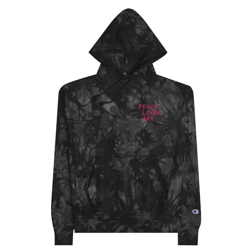 Peace Love Art Black Tie-dye Hoodie (Hot Pink Embroidery)