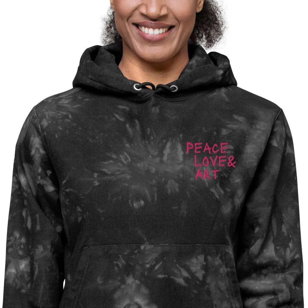 Peace Love Art Black Tie-dye Hoodie (Hot Pink Embroidery)