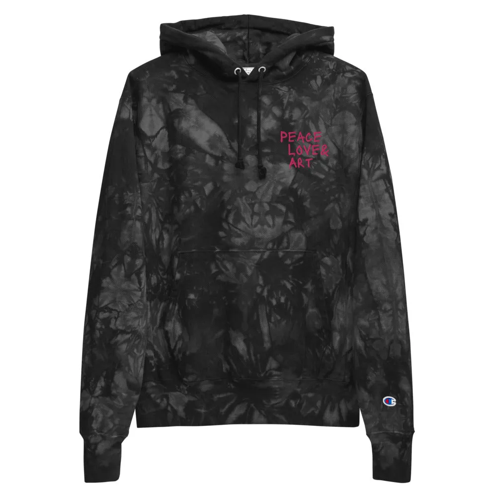 Peace Love Art Black Tie-dye Hoodie (Hot Pink Embroidery)