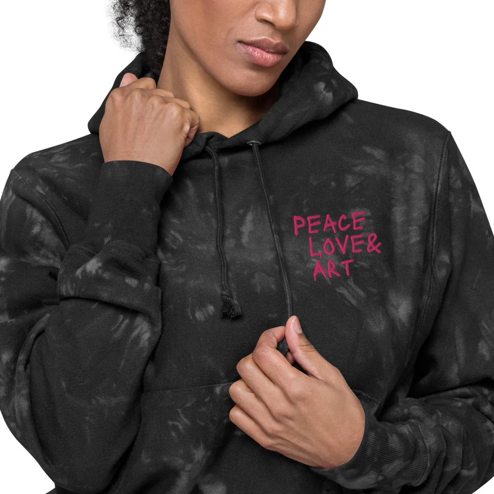 Peace Love Art Black Tie-dye Hoodie (Hot Pink Embroidery)