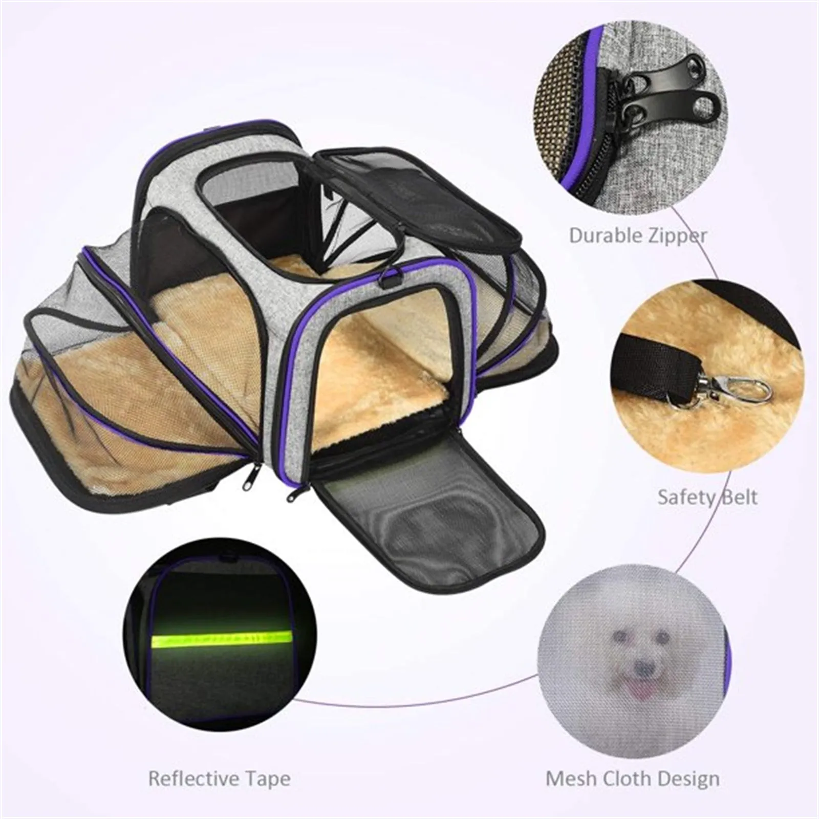 Pet Travel Bag Safe Airline Approved Expandable Foldable Soft-Sided Dog Carrier 3 Doors 2 Reflective Tapes | Brodtica.com