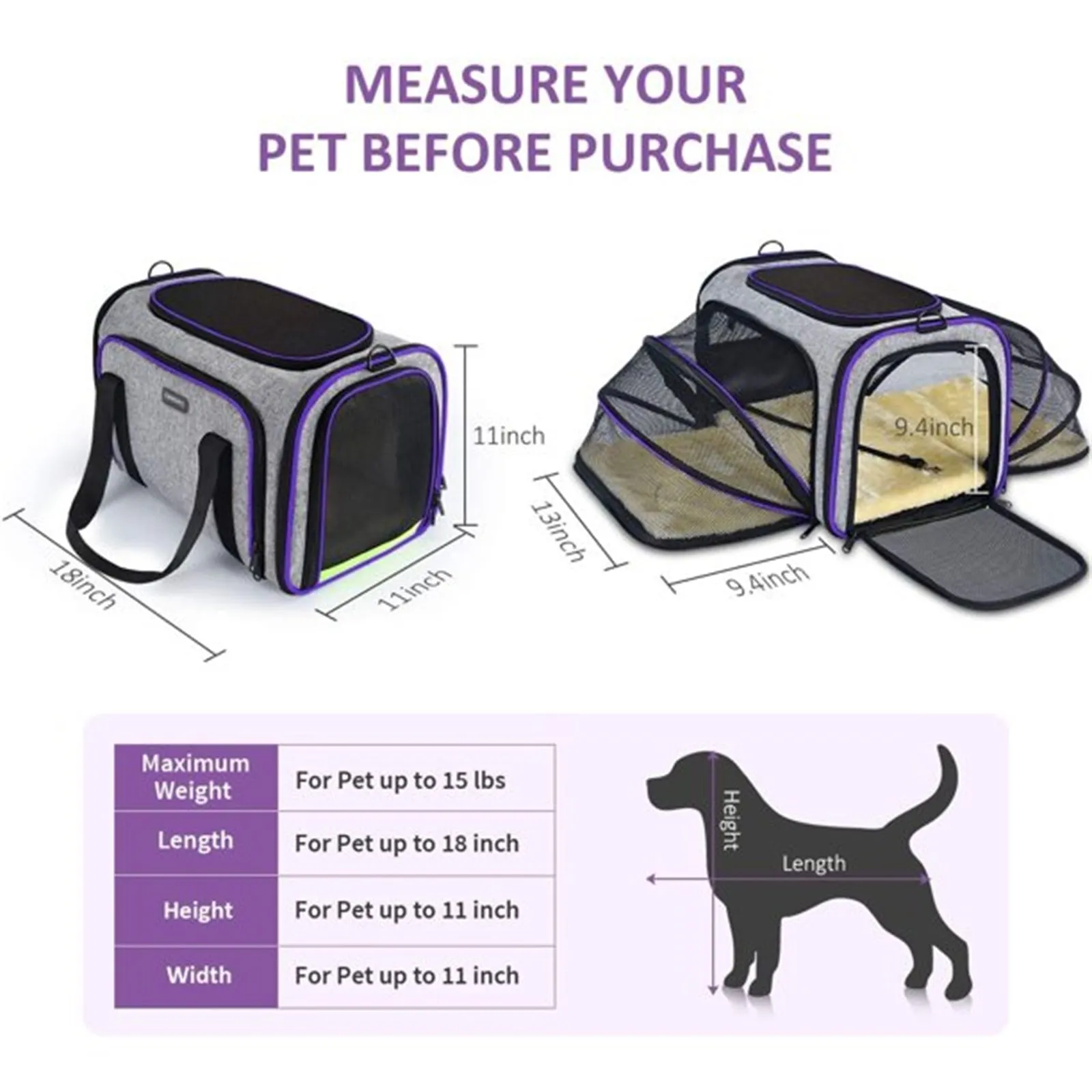 Pet Travel Bag Safe Airline Approved Expandable Foldable Soft-Sided Dog Carrier 3 Doors 2 Reflective Tapes | Brodtica.com