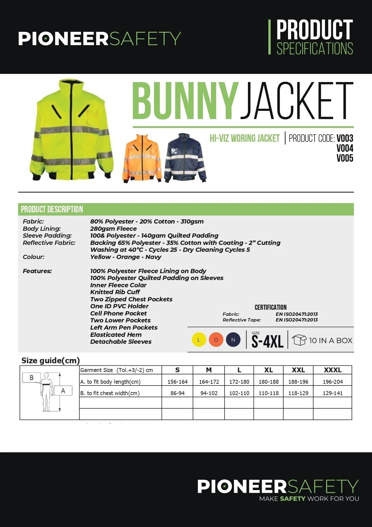PIONEER SAFETY Bunny Jacket Detachable Sleeves Navy