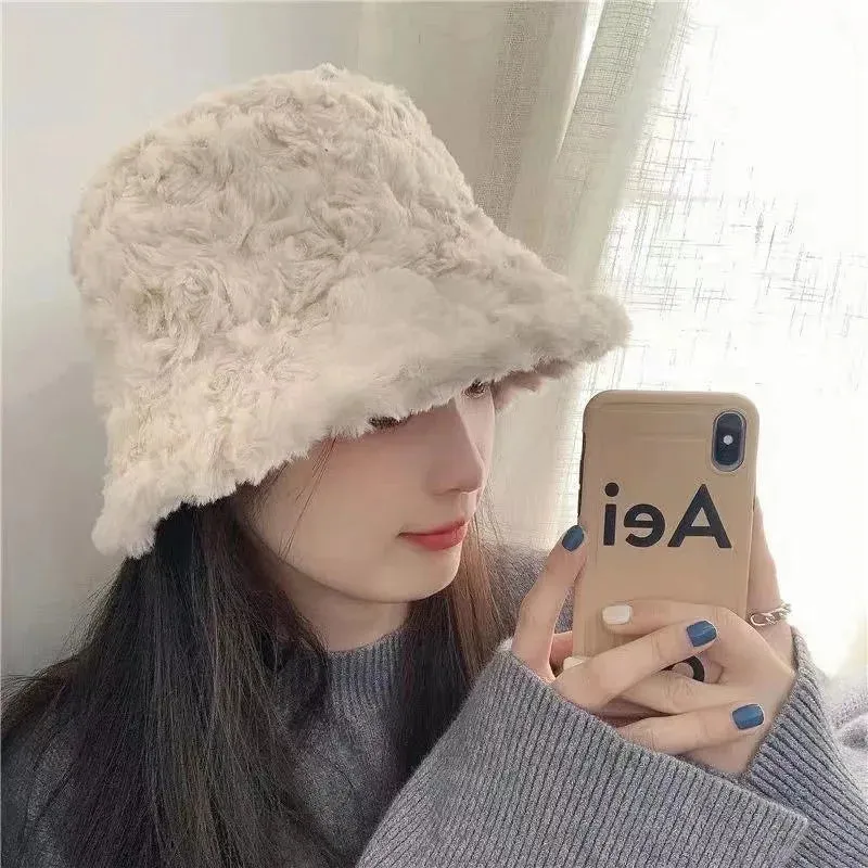 Plush Soft Ruffle Winter Warm Bucket Hat Lotus Leaf Women Outdoor Cap
