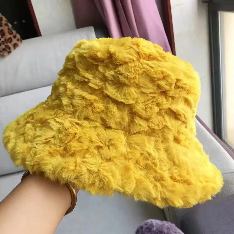 Plush Soft Ruffle Winter Warm Bucket Hat Lotus Leaf Women Outdoor Cap