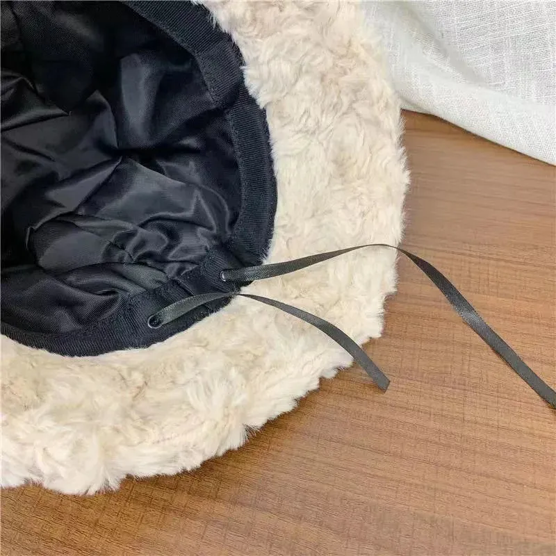 Plush Soft Ruffle Winter Warm Bucket Hat Lotus Leaf Women Outdoor Cap