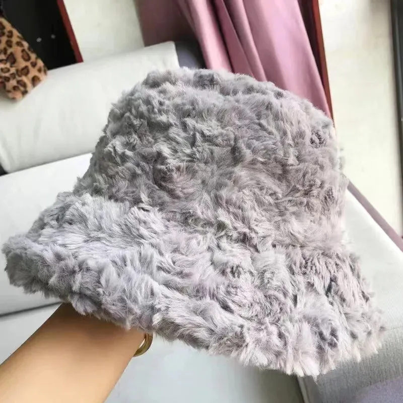 Plush Soft Ruffle Winter Warm Bucket Hat Lotus Leaf Women Outdoor Cap