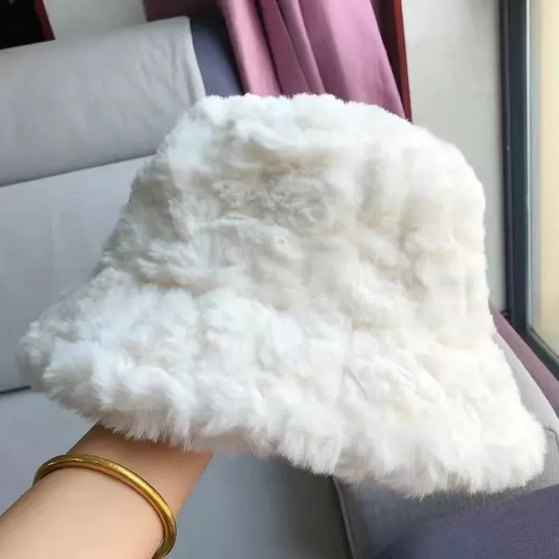 Plush Soft Ruffle Winter Warm Bucket Hat Lotus Leaf Women Outdoor Cap