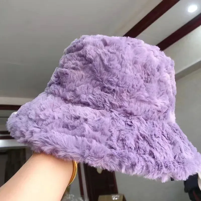 Plush Soft Ruffle Winter Warm Bucket Hat Lotus Leaf Women Outdoor Cap