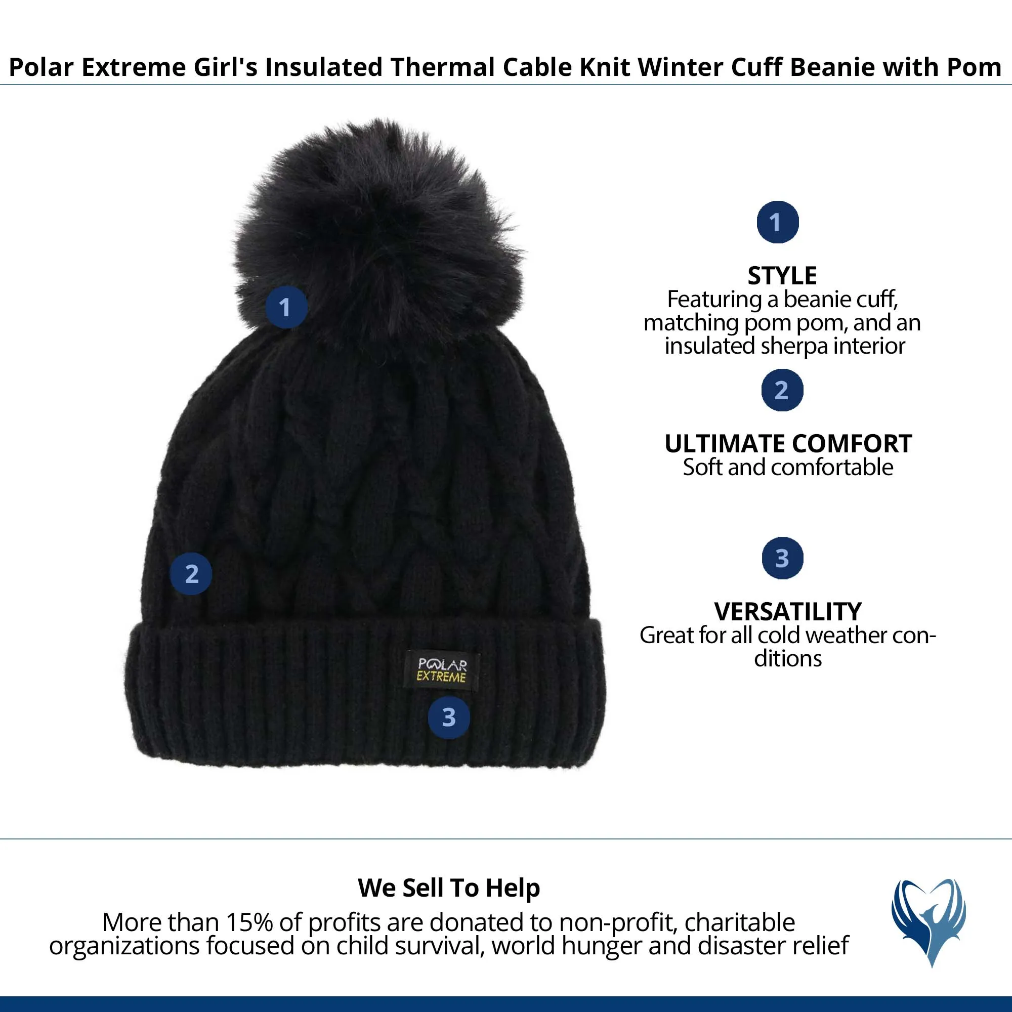 Polar Extreme Girl's Insulated Thermal Cable Knit Winter Cuff Beanie with Pom