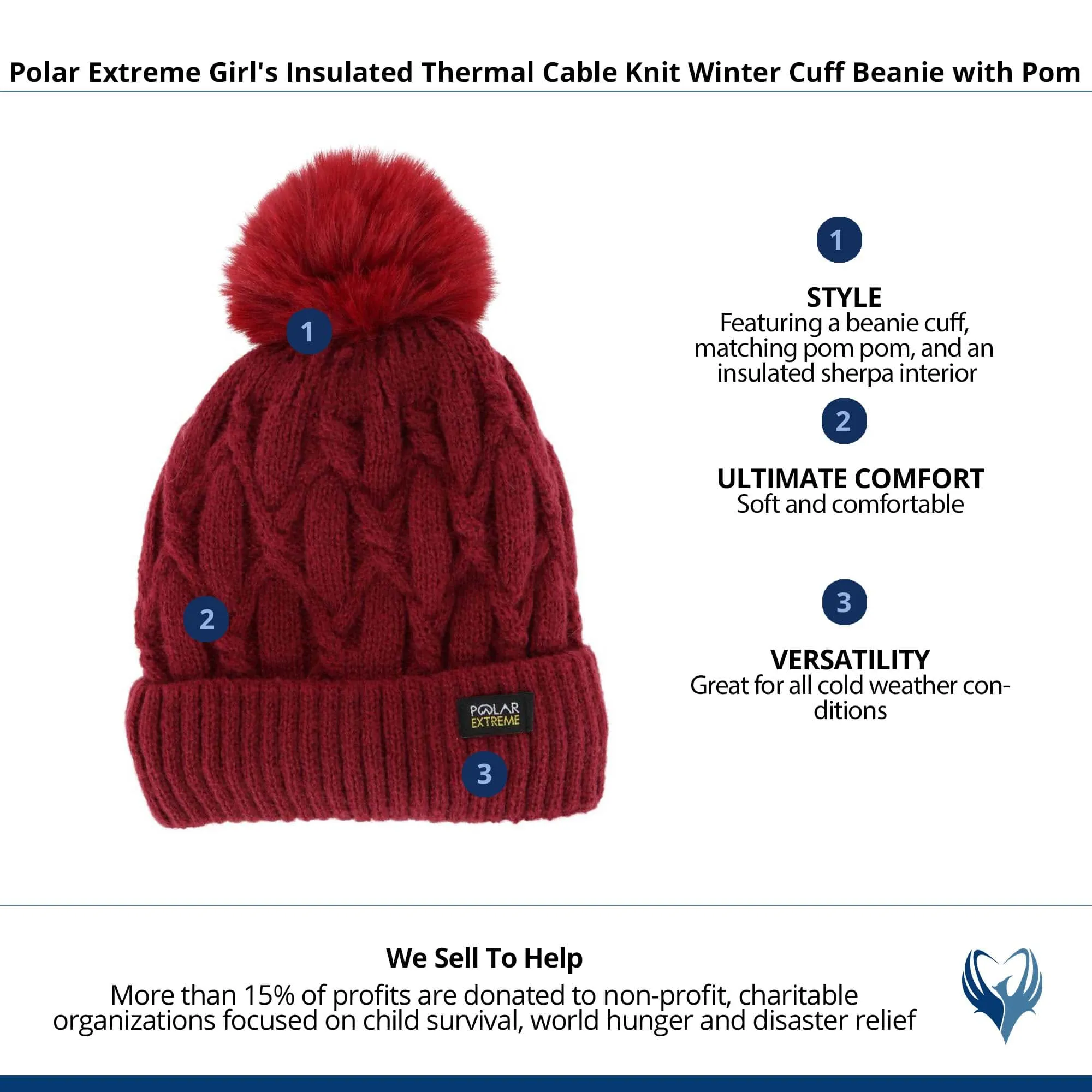 Polar Extreme Girl's Insulated Thermal Cable Knit Winter Cuff Beanie with Pom
