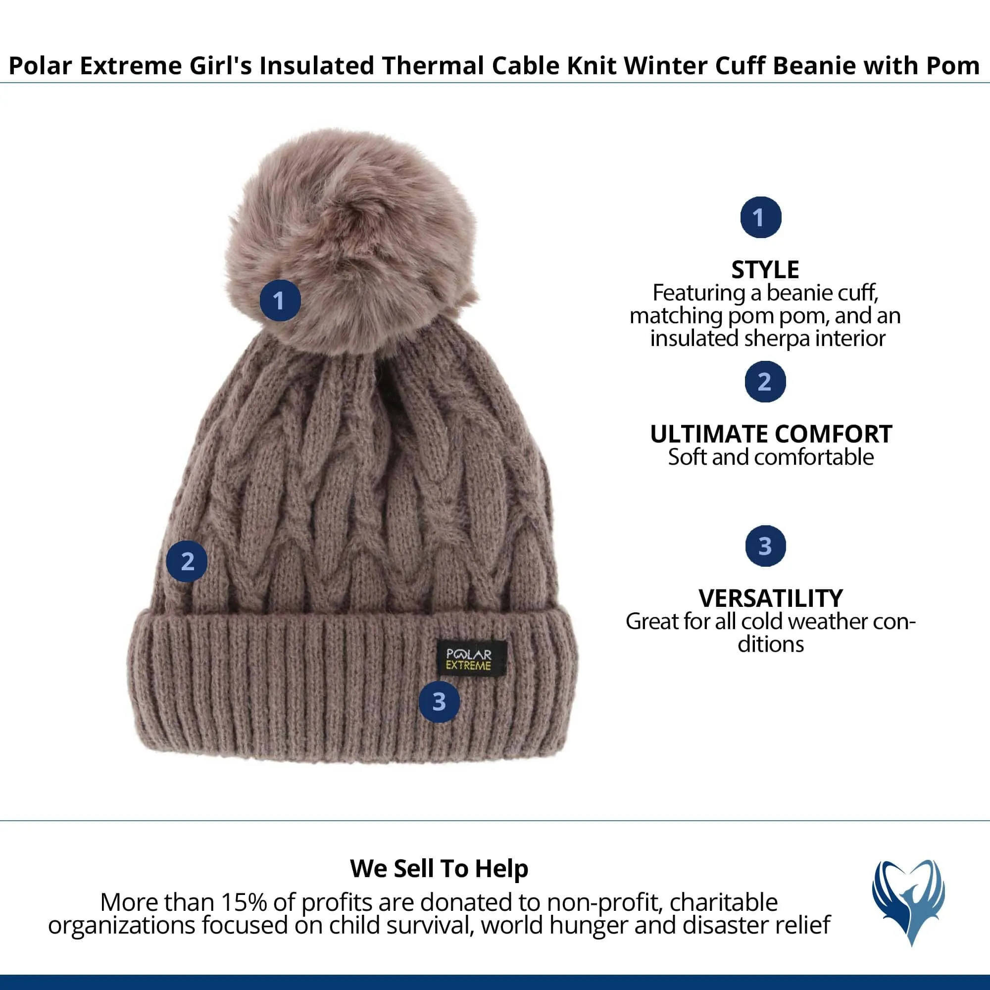 Polar Extreme Girl's Insulated Thermal Cable Knit Winter Cuff Beanie with Pom