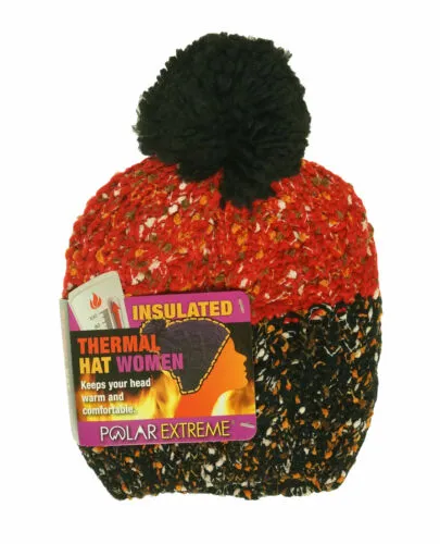 Polar Extreme Women's Thermal Fleece Lined Insulated Pom Pom Beanie Black Red