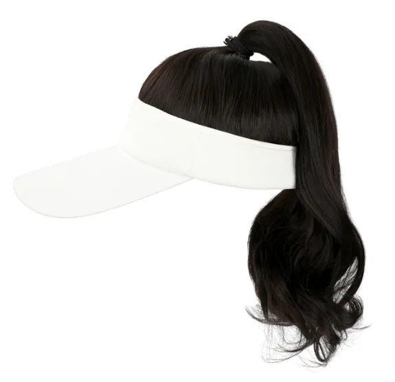 Ponytail Wavy Hairy Cap Wig Hats with Visor Hair Hat for Women Synthetic Curly Wig