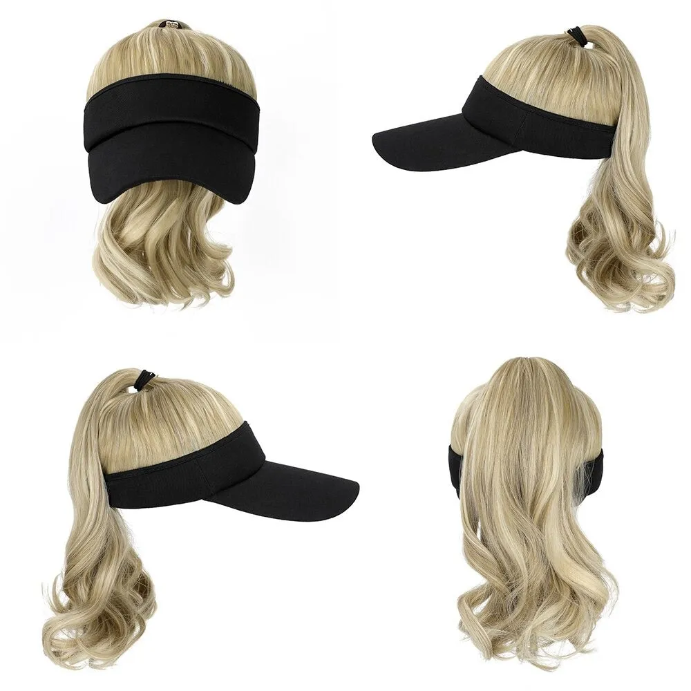 Ponytail Wavy Hairy Cap Wig Hats with Visor Hair Hat for Women Synthetic Curly Wig