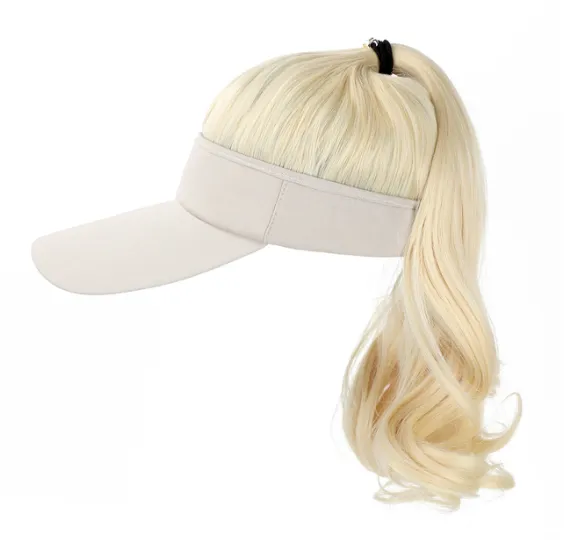 Ponytail Wavy Hairy Cap Wig Hats with Visor Hair Hat for Women Synthetic Curly Wig