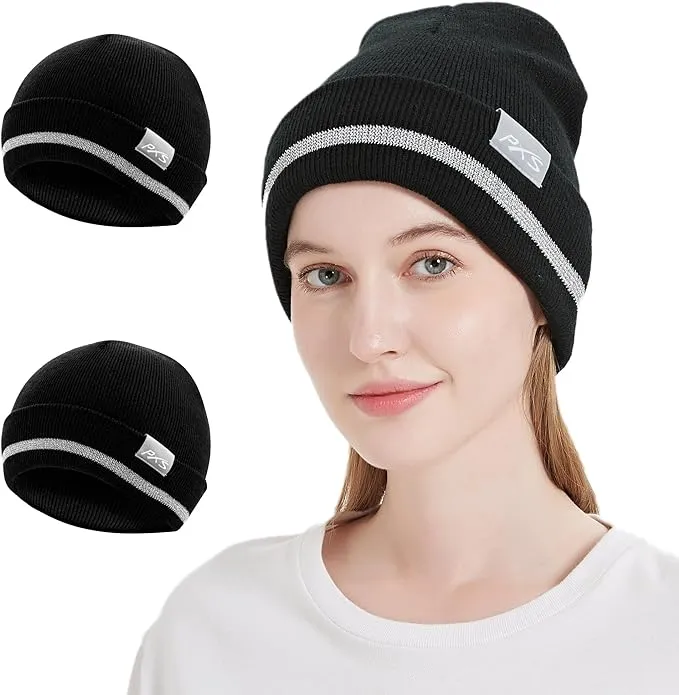 ProtectX 2packs High Visibility Safety Beanies, 360-Degree Reflective Comfortable Knit Beanie Headcover Hat, Warming Cap for Work