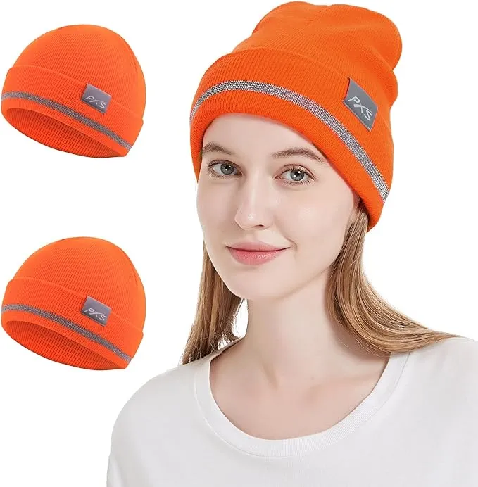 ProtectX 2packs High Visibility Safety Beanies, 360-Degree Reflective Comfortable Knit Beanie Headcover Hat, Warming Cap for Work