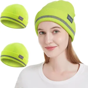 ProtectX 2packs High Visibility Safety Beanies, 360-Degree Reflective Comfortable Knit Beanie Headcover Hat, Warming Cap for Work