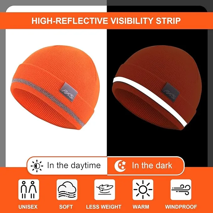 ProtectX 2packs High Visibility Safety Beanies, 360-Degree Reflective Comfortable Knit Beanie Headcover Hat, Warming Cap for Work