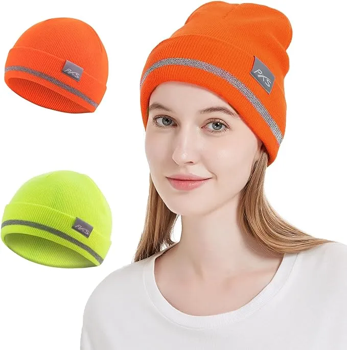 ProtectX 2packs High Visibility Safety Beanies, 360-Degree Reflective Comfortable Knit Beanie Headcover Hat, Warming Cap for Work
