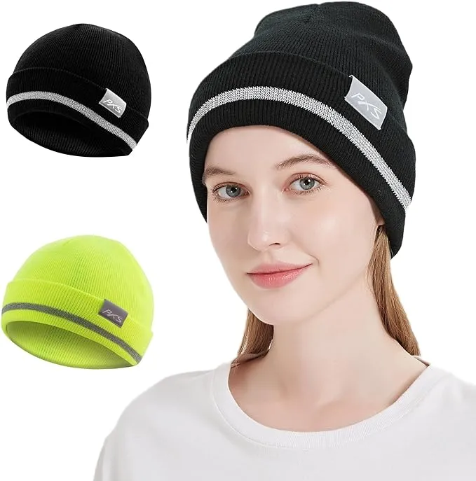 ProtectX 2packs High Visibility Safety Beanies, 360-Degree Reflective Comfortable Knit Beanie Headcover Hat, Warming Cap for Work