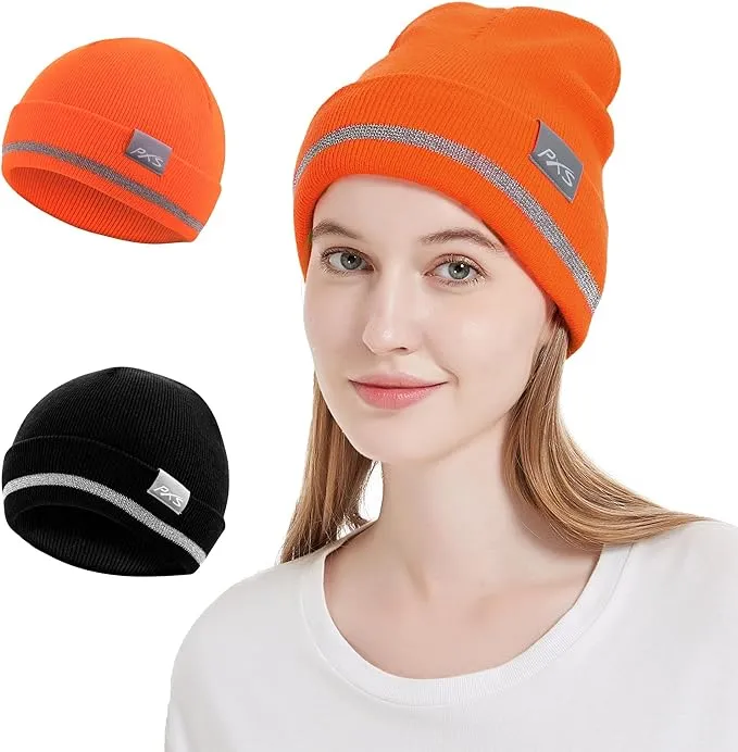 ProtectX 2packs High Visibility Safety Beanies, 360-Degree Reflective Comfortable Knit Beanie Headcover Hat, Warming Cap for Work