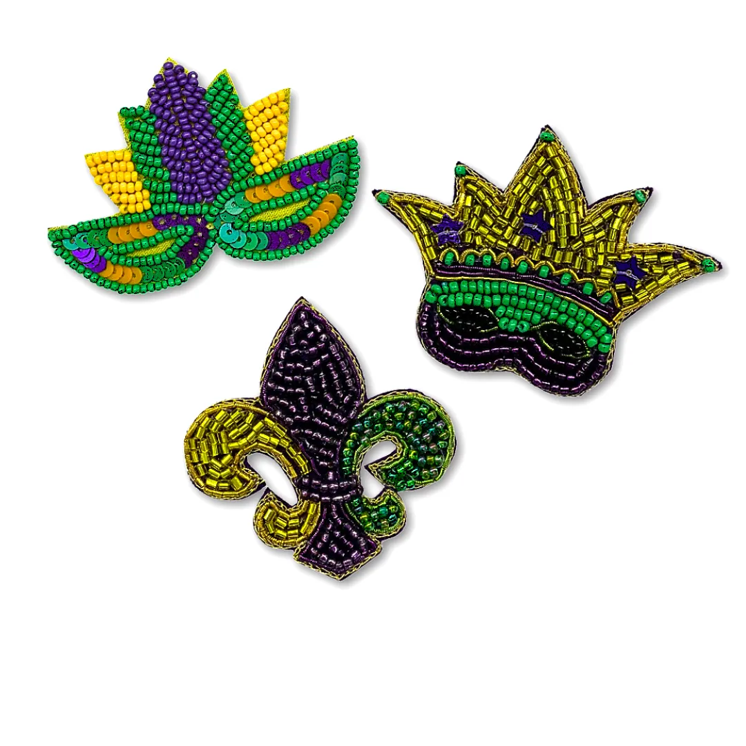 Purple, Green, & Gold Fleur De Lis, Crown & Mask Beaded Pins (Each)