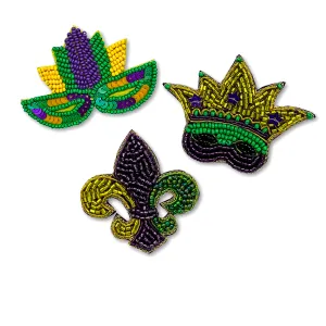 Purple, Green, & Gold Fleur De Lis, Crown & Mask Beaded Pins (Each)