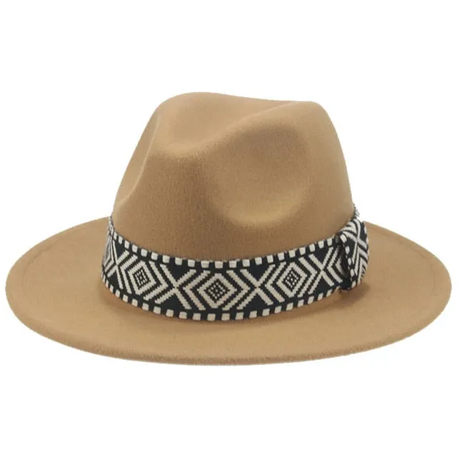 "Stylish Wide Brim Fedora Hat with Trendy Black Band Print - Perfect for all ocassions"