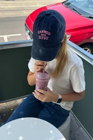 "Tanned & Tipsy" Cap | Washed Navy with Pink Embroidery