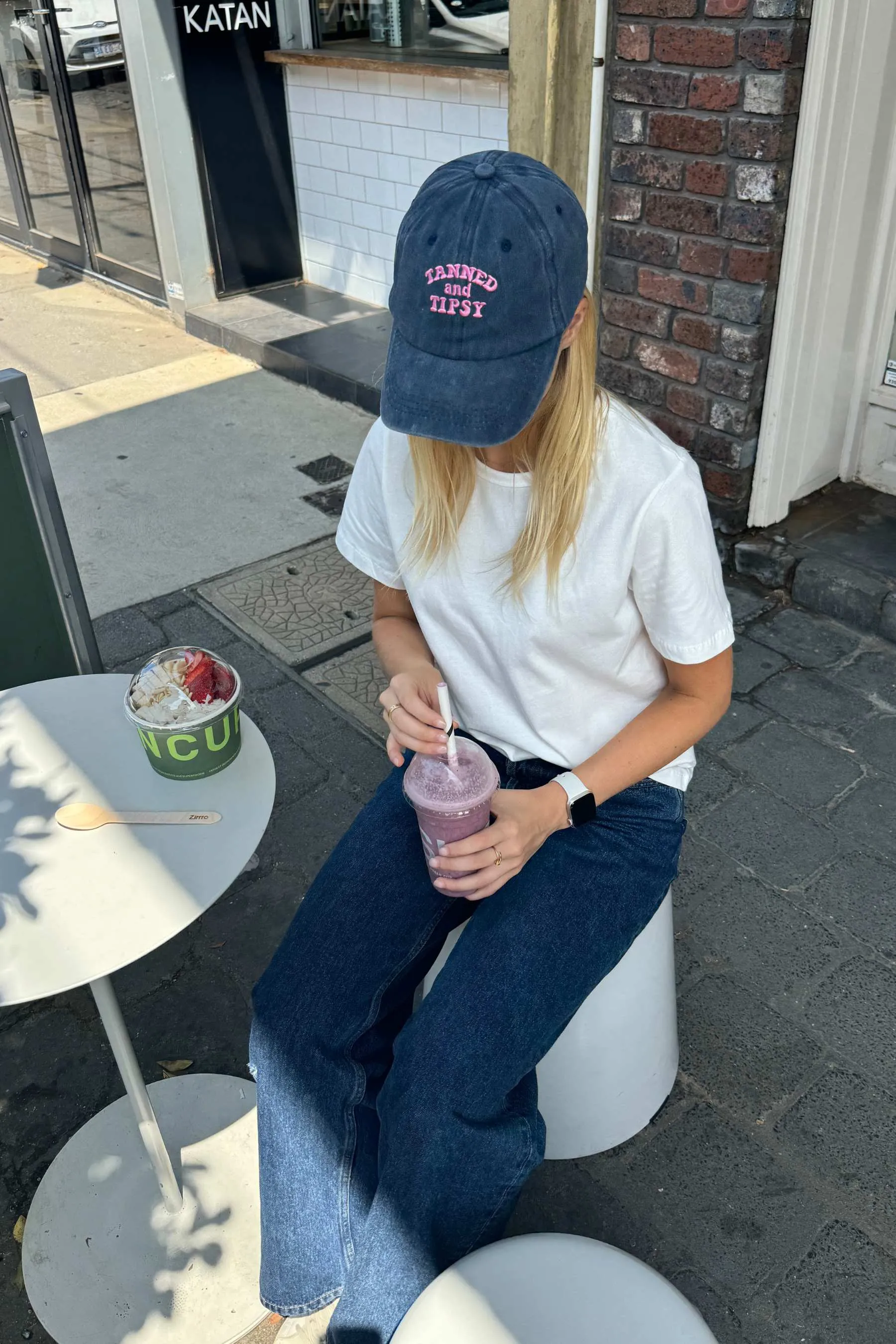 "Tanned & Tipsy" Cap | Washed Navy with Pink Embroidery