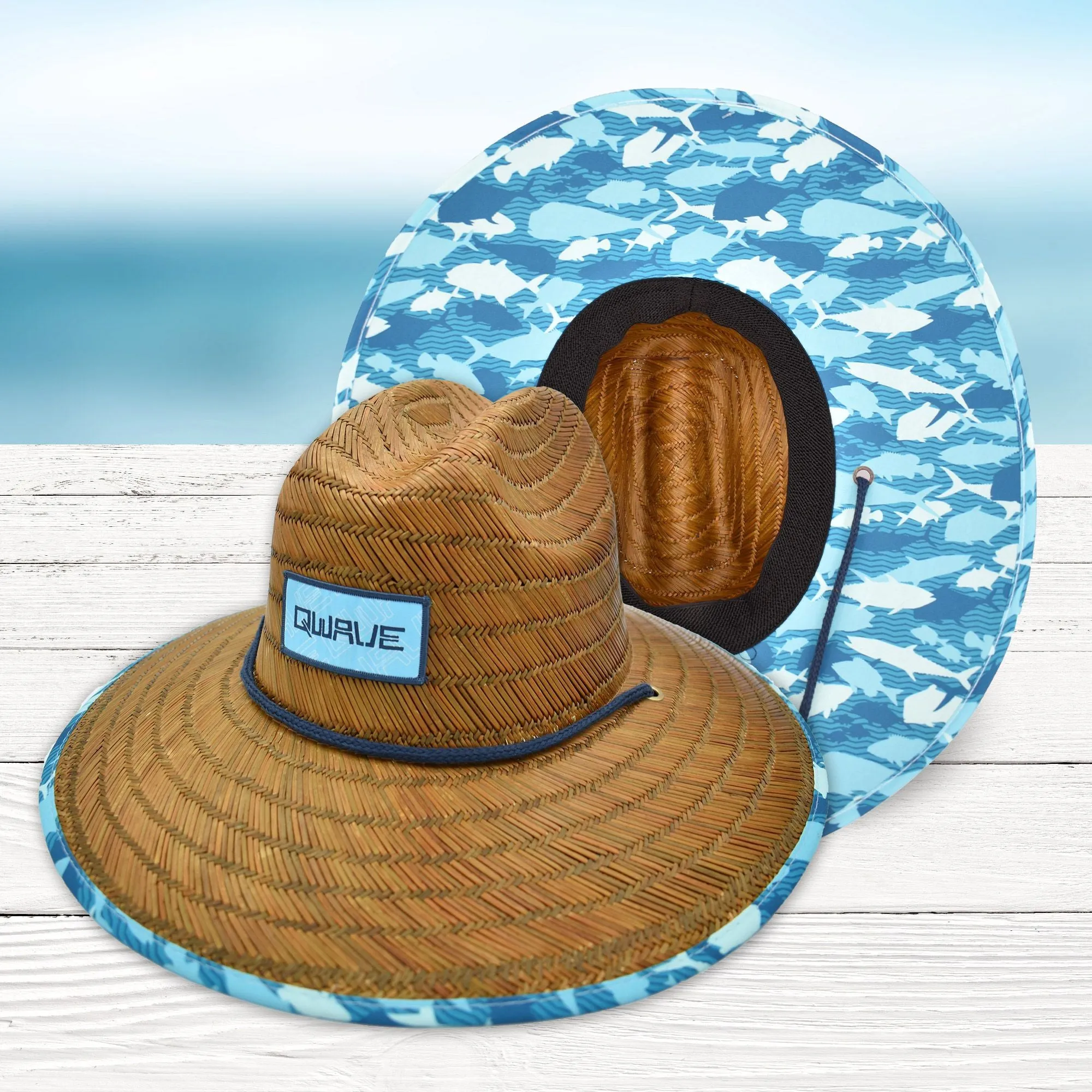 Qwave Mens and Womens Straw Hat - Cool Fishing Print Designs, Beach Gear Sun Hats for Men Protects from Summer Sun - Lifeguard Hat - Aquafish Print