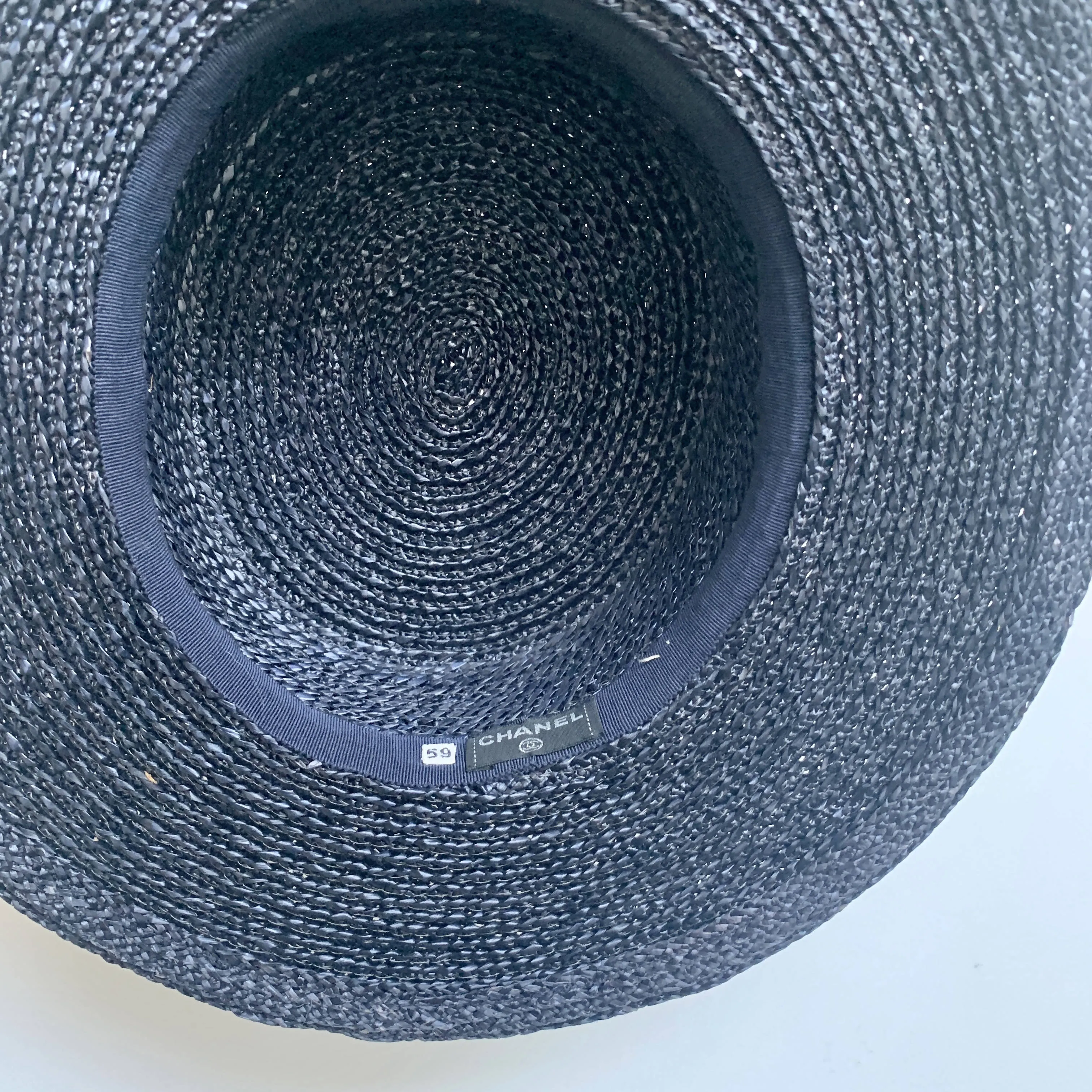 Rare Chanel iconic runway vintage statement chic summer straw boater hat in navy black