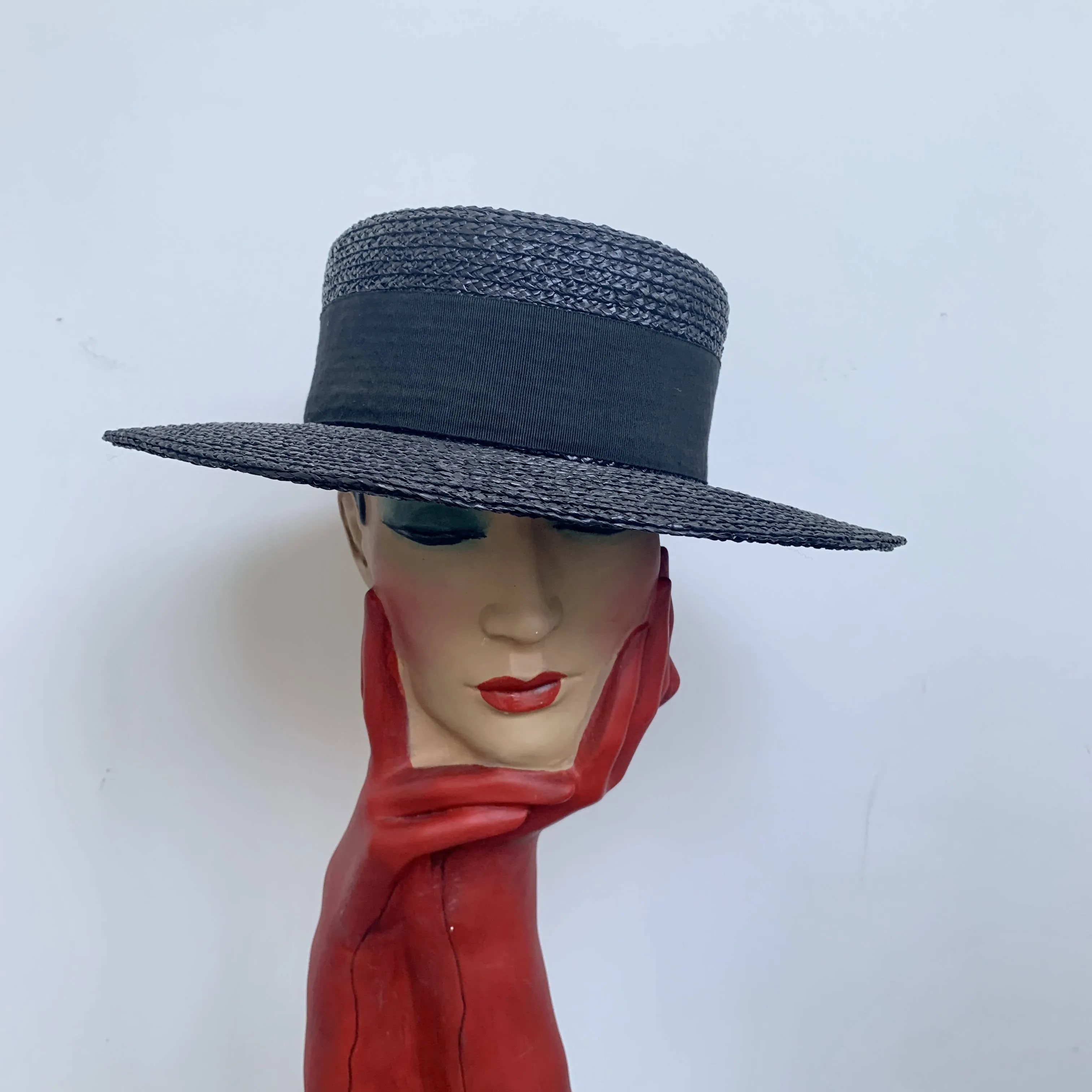 Rare Chanel iconic runway vintage statement chic summer straw boater hat in navy black