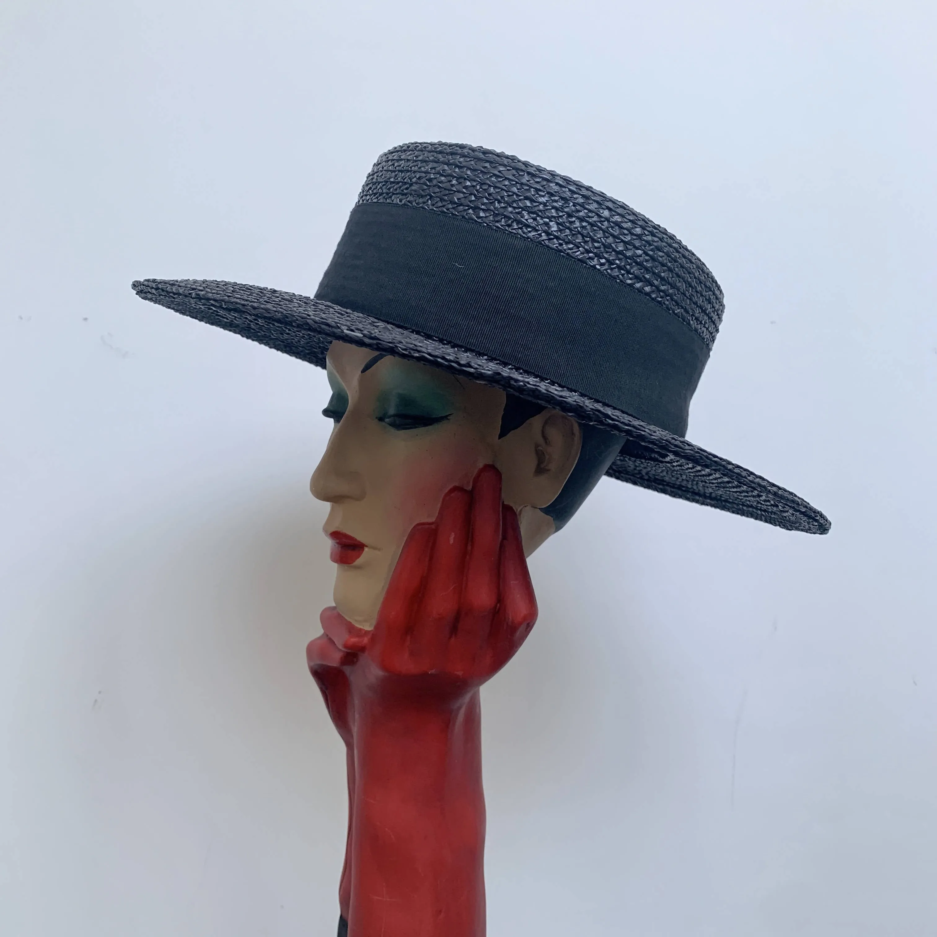 Rare Chanel iconic runway vintage statement chic summer straw boater hat in navy black