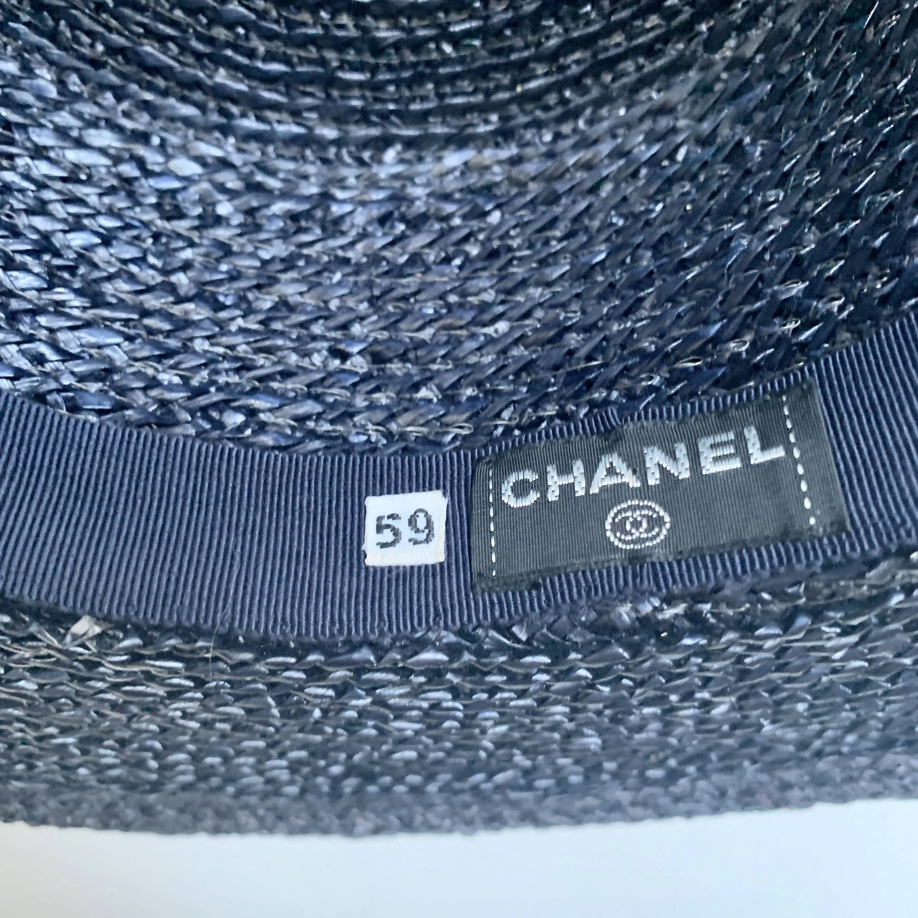 Rare Chanel iconic runway vintage statement chic summer straw boater hat in navy black