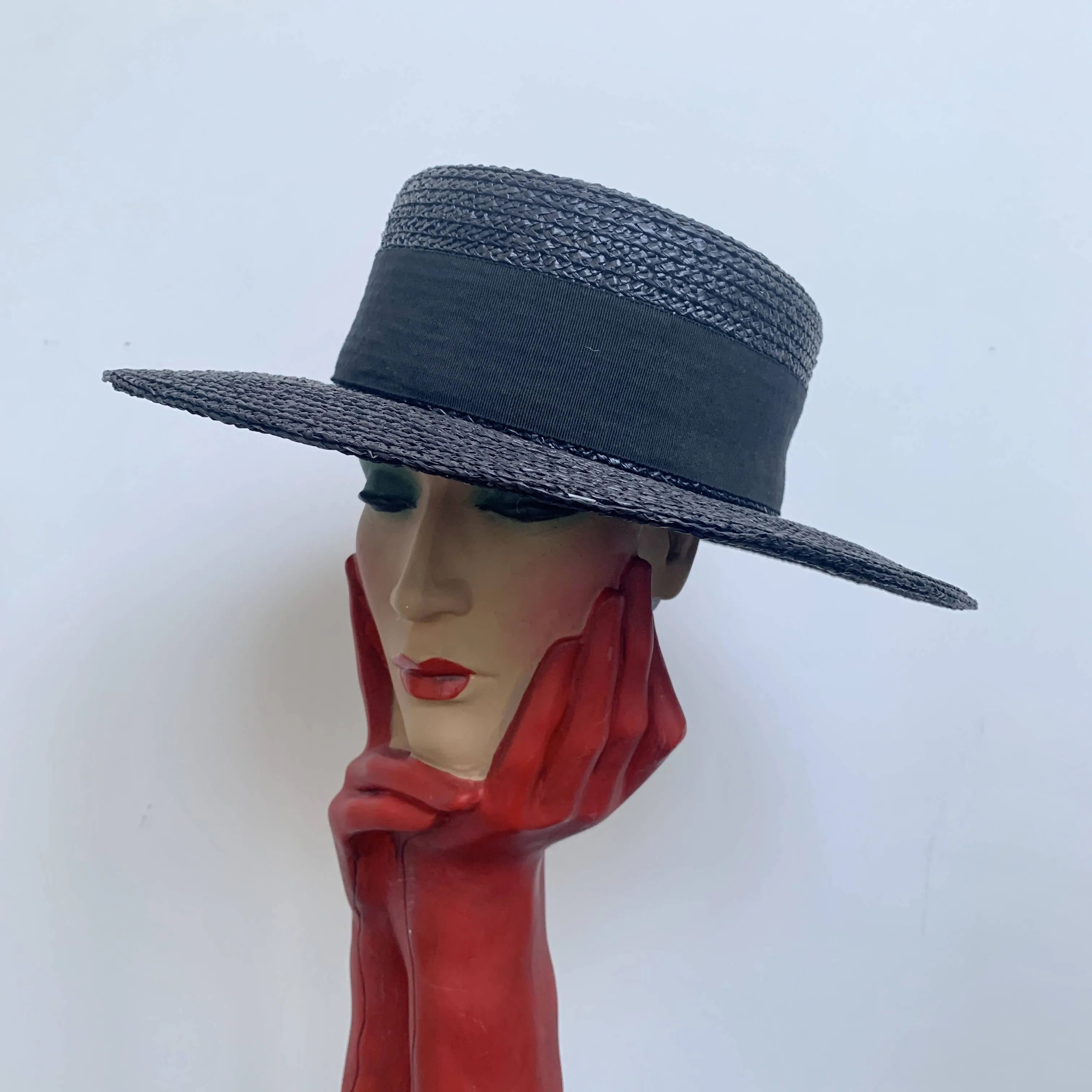 Rare Chanel iconic runway vintage statement chic summer straw boater hat in navy black
