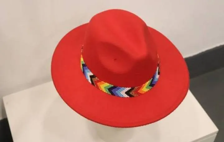 Red beaded rainbow colors fedora hats|summer hat|cowboy hat|beaded hats|handmade hats|brim hat with free shipping world wide