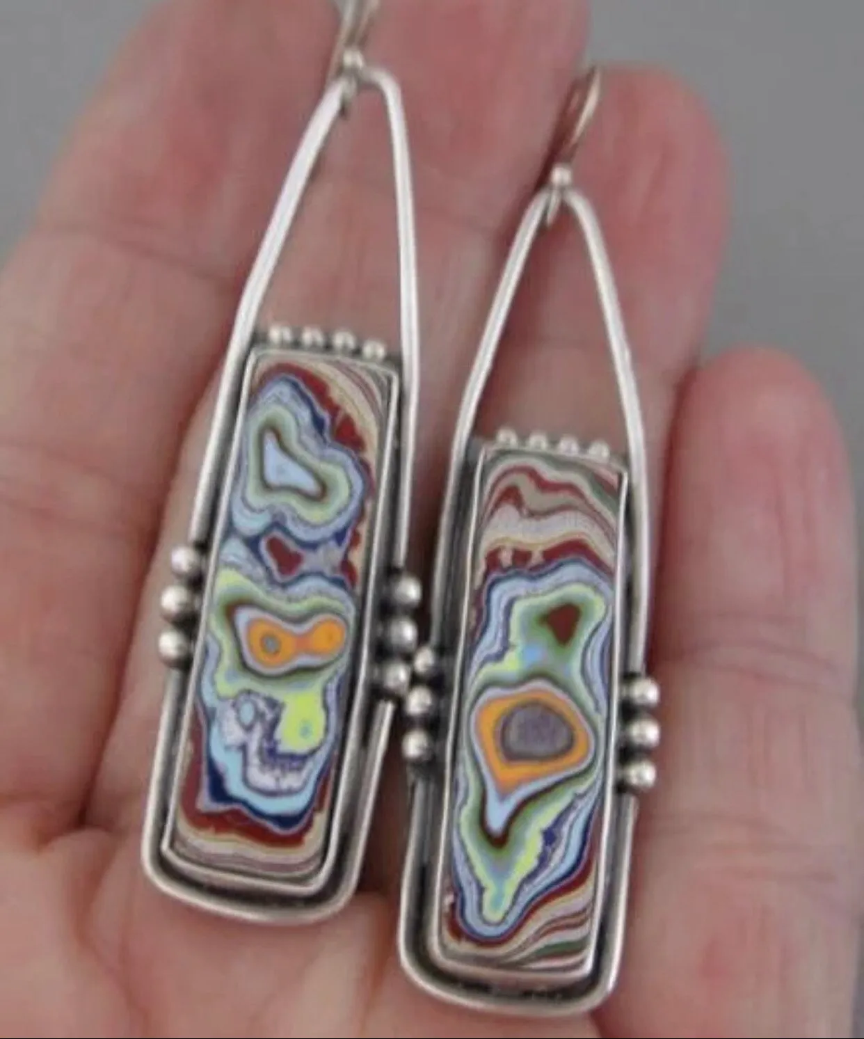 Retro oblong fordite geometric colorful glazed marble dangle earrings.