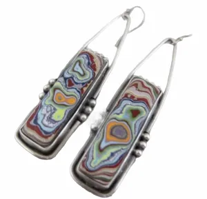 Retro oblong fordite geometric colorful glazed marble dangle earrings.