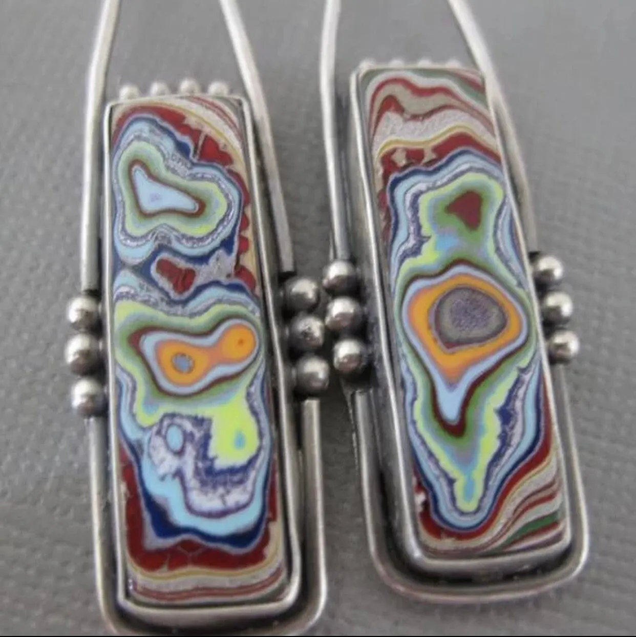 Retro oblong fordite geometric colorful glazed marble dangle earrings.