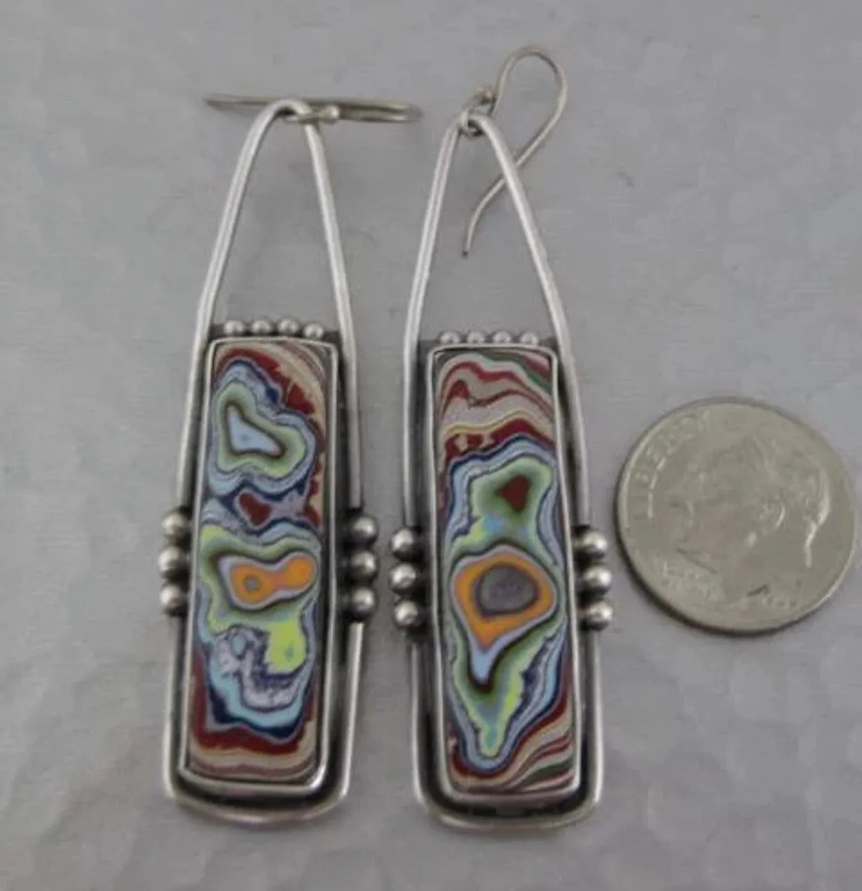 Retro oblong fordite geometric colorful glazed marble dangle earrings.