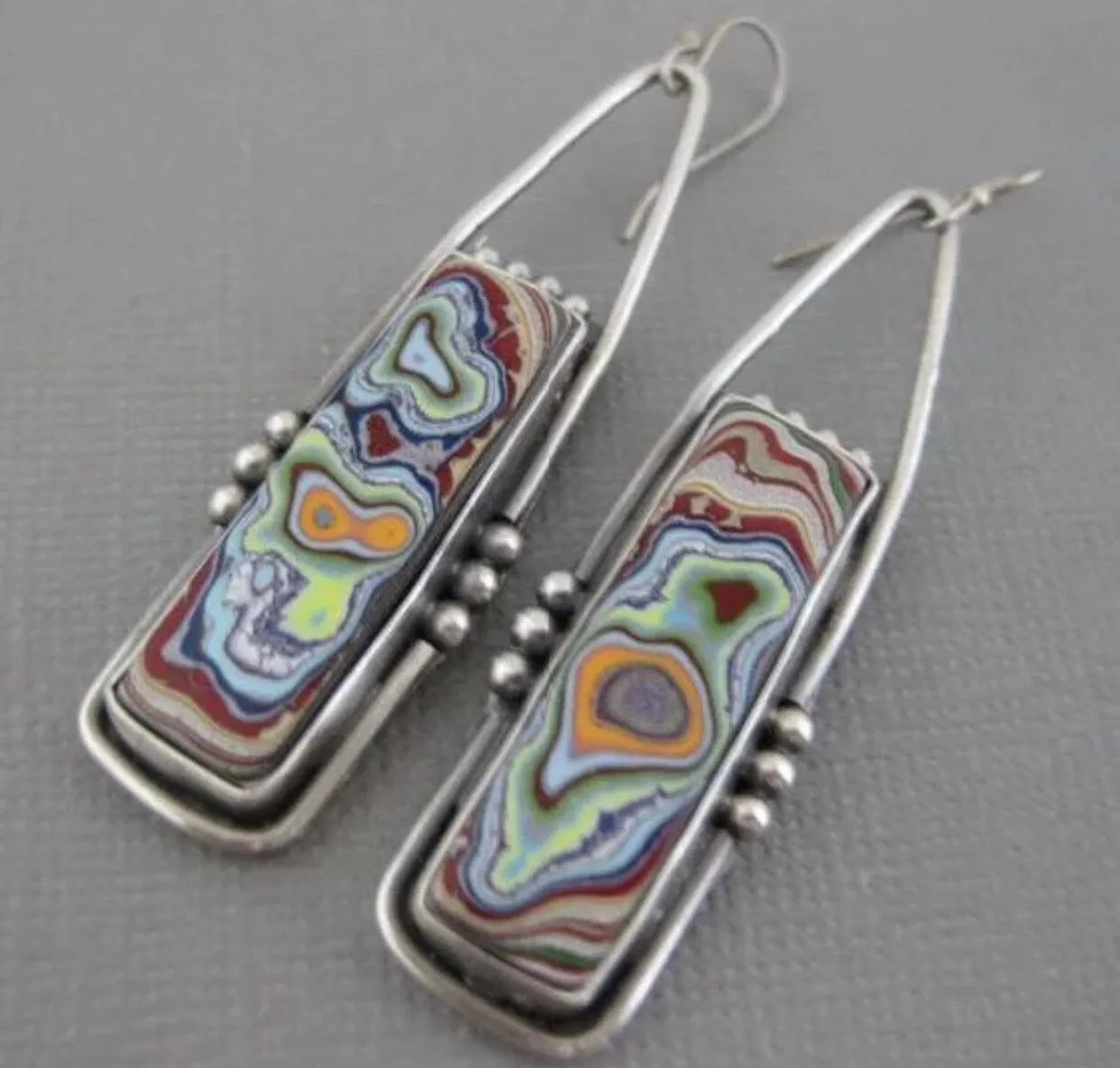 Retro oblong fordite geometric colorful glazed marble dangle earrings.