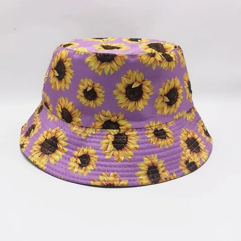 Reversible Summer Daisy Flower Embroidery Outdoor Travel Bucket Hats