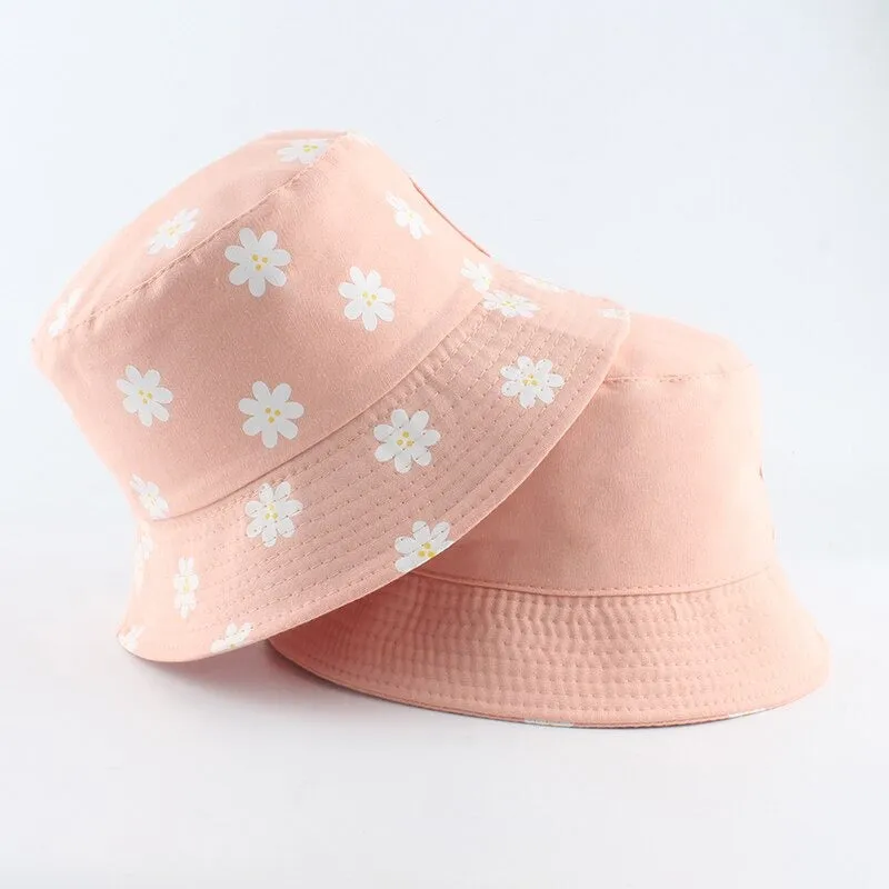 Reversible Summer Daisy Flower Embroidery Outdoor Travel Bucket Hats