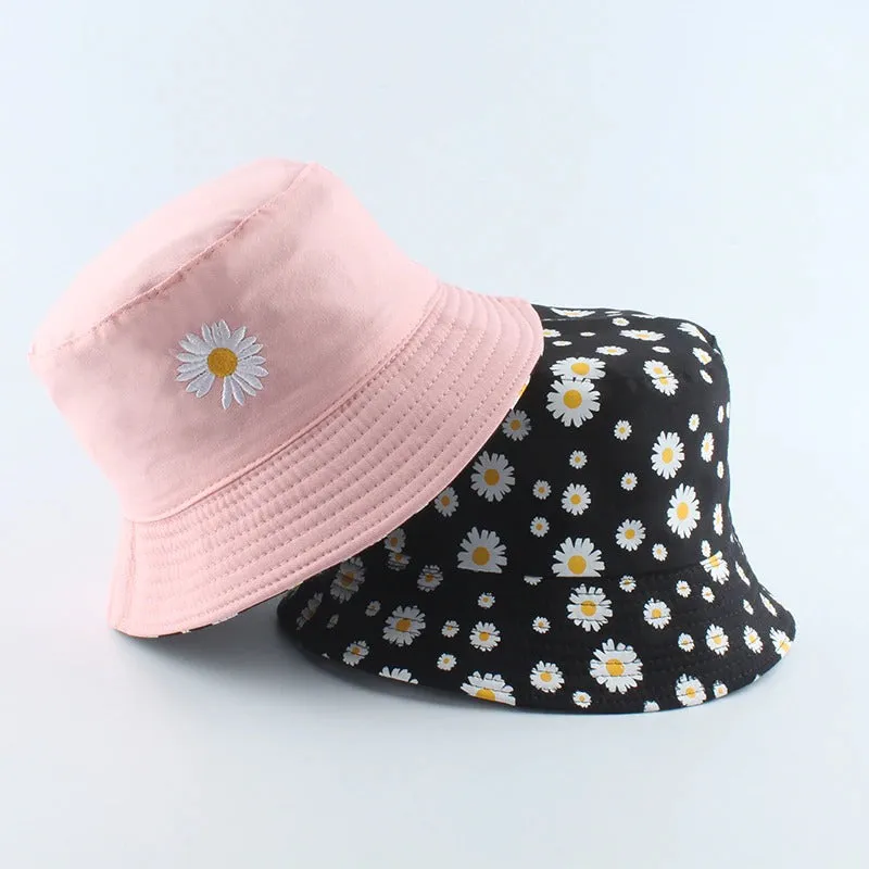 Reversible Summer Daisy Flower Embroidery Outdoor Travel Bucket Hats