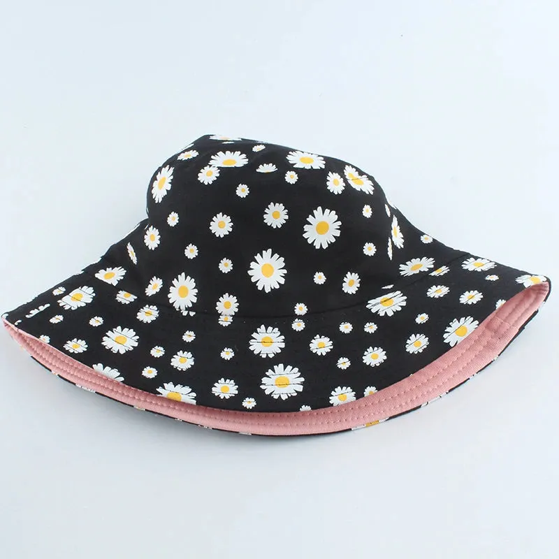 Reversible Summer Daisy Flower Embroidery Outdoor Travel Bucket Hats