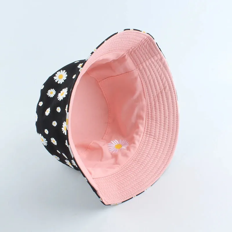 Reversible Summer Daisy Flower Embroidery Outdoor Travel Bucket Hats